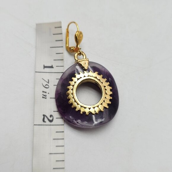Purple Gold Dangling Earrings With Sunburst Design and Swirled Resin Accents - Picture 4 of 4